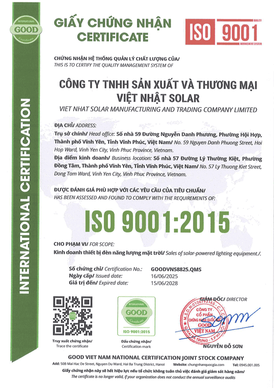 ĐÈN ĐƯỜNG CT300 29 Chứng nhận iso quốc tế 9001:2015 Việt Nhật Solar