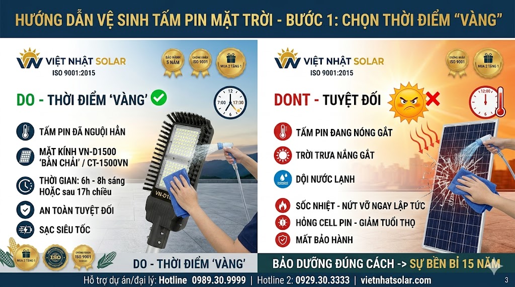 Hướng Dẫn Vệ Sinh Tấm Pin Năng Lượng Mặt Trời Giúp Đèn Sạc Nhanh, Dùng Bền Bỉ 11 Chọn thời điểm "vàng" để vệ sinh tấm pin năng lượng mặt trời