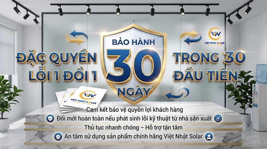 Chính Sách Bảo Hành Việt Nhật Solar: Cam Kết Lỗi 1 Đổi 1, Bảo Hành Lên Đến 5 Năm 6 Đặc quyền: Lỗi 1 Đổi 1 Trong 30 Ngày Đầu Tiên